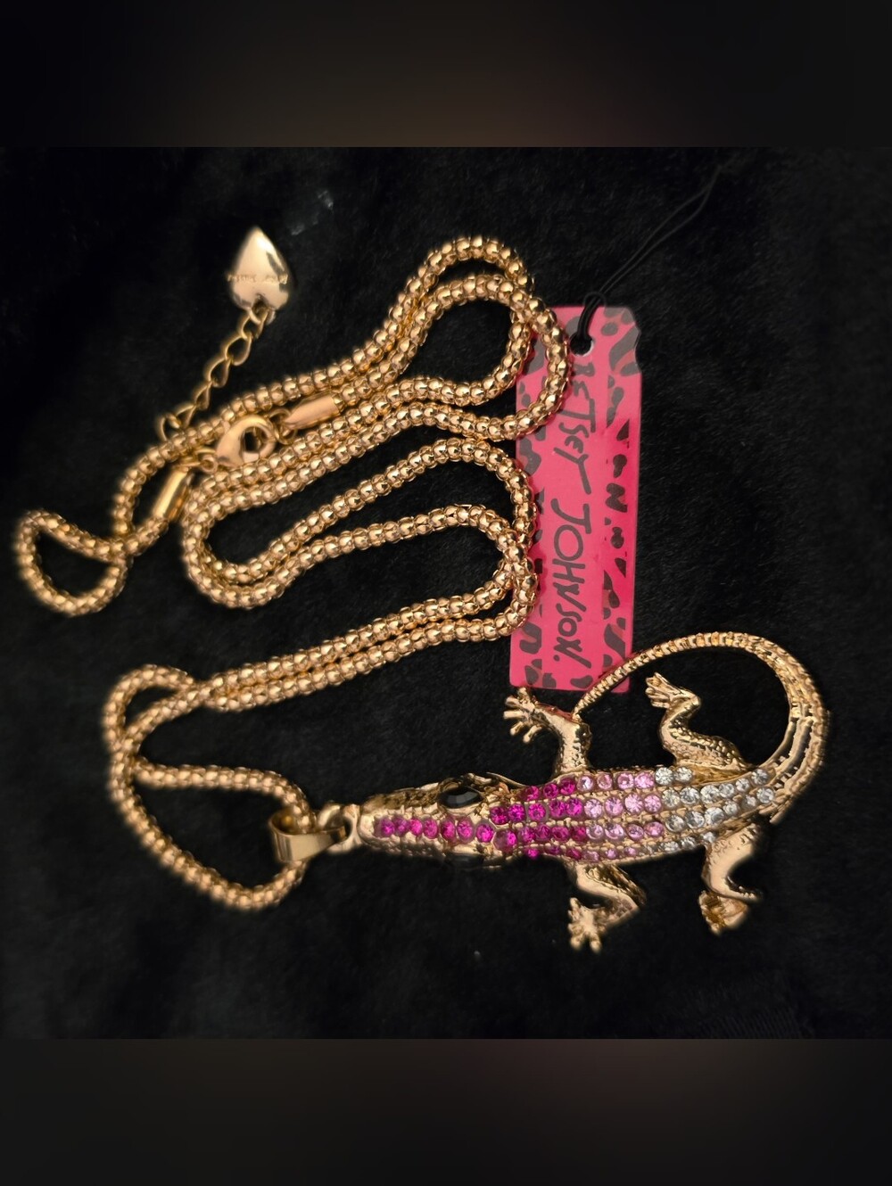Gold-tone Alligator Pendant Necklace with Pink Crystal Accents
